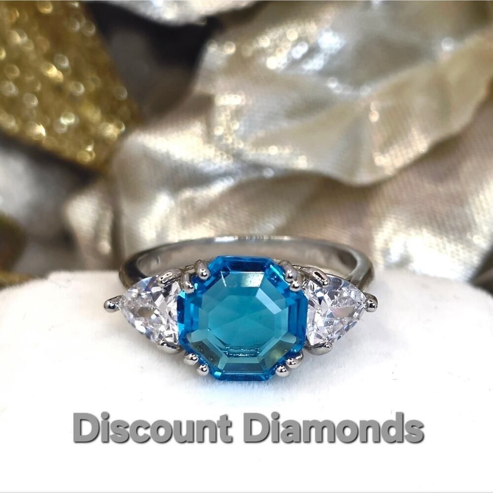 3.5 Ct Sky Blue Sapphire & White Baguette Diamond Cocktail Ring on 925 Silver